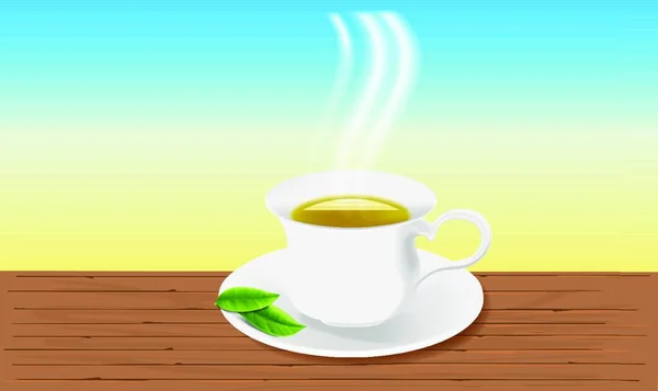 Макет Иллюстрации Чашки Чая Листьями Абстрактном Фоне — стоковый вектор