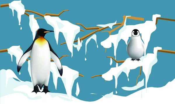 Πιγκουίνοι Είναι Στο Δέντρο Στελέχη Στο Χιόνι Και Απολαμβάνοντας — Διανυσματικό Αρχείο