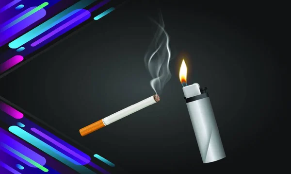 Attrappe Einer Brennenden Zigarette Und Eines Feuerzeugs Auf Abstraktem Hintergrund — Stockvektor