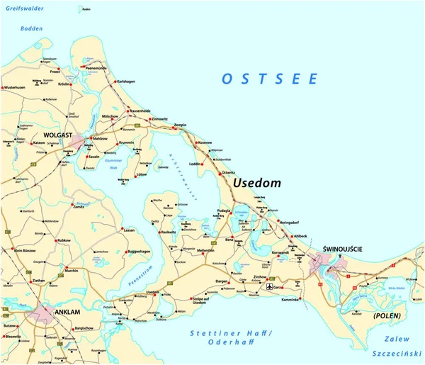 Carte Vectorielle Routière Mer Baltique Île Usedom Langue Allemande Allemagne — Image vectorielle