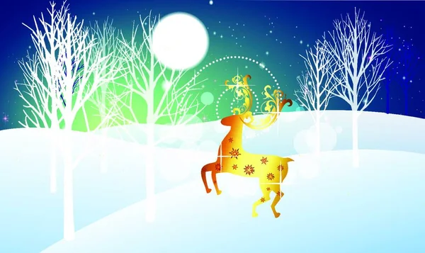 Gouden Herten Het Bos Sneeuw Winter Voor Kerstmis — Stockvector