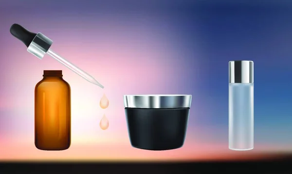 Maqueta Ilustración Varios Aceites Esenciales Sobre Fondo Abstracto — Vector de stock