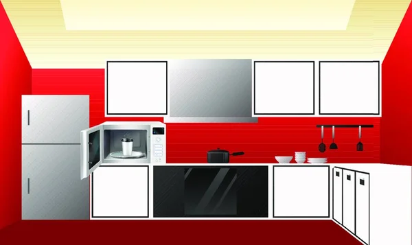微波炉和热杯咖啡的厨房景观图解 — 图库矢量图片