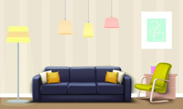ラウンジでグレーのソファと黄色の椅子のイラストをモックアップ — ストックベクタ