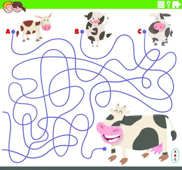 Desenhos Animados Ilustração Linhas Labirinto Jogo Puzzle Com Bezerros Vacas —  Vetores de Stock