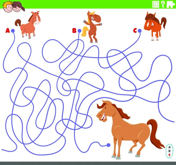 Cartoon Ilustrace Linií Bludiště Puzzle Hra Komiksovými Kolty Mare Horse — Stockový vektor