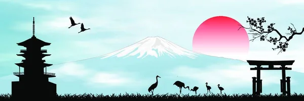 Paisaje Con Monte Fuji Sol Naciente Cielo Azul Pagoda Japonesa — Vector de stock