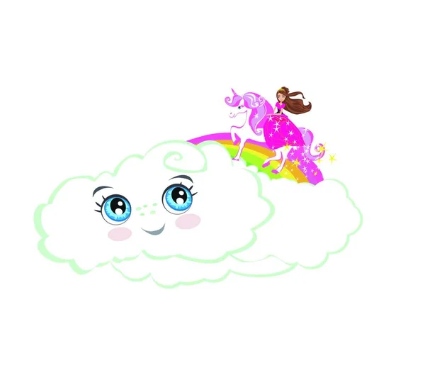 虹の上を飛ぶユニコーンの美しい姫 — ストックベクタ