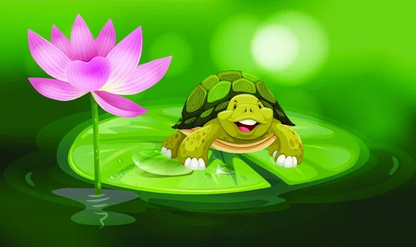 Sköldpadda Flyter Lotusblad Dammen — Stock vektor