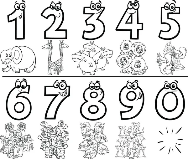Black White Cartoon Εικονογράφηση Εκπαιδευτικών Αριθμών Συλλογή Από One Nine — Διανυσματικό Αρχείο
