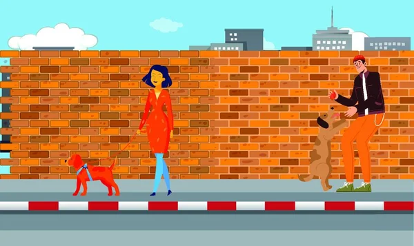 Menina Menino Andando Com Seu Cão Estrada — Vetor de Stock