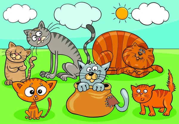 Kediler Kediler Çizgi Film Çizgi Romanları Hayvan Karakterleri Grubu — Stok Vektör