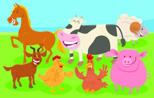 Карикатурная Иллюстрация Группы Счастливых Фермерских Животных Сельской Местности — стоковый вектор