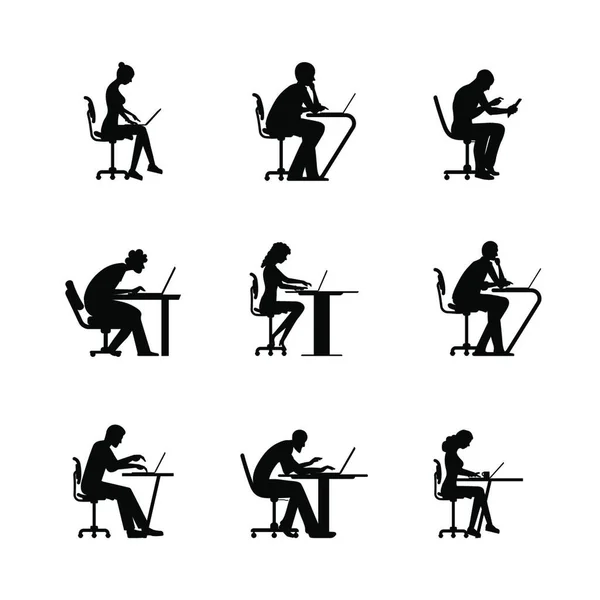 労働者のアイコンコレクション 男性と女性が座って机の上で働いています シルエット人物イラストセット — ストックベクタ