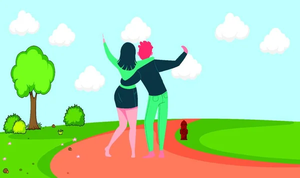 Couple Hugging Walking Garden — Stock Vector