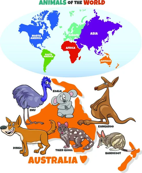 典型澳大利亚动物的教育漫画和世界大陆地图 — 图库矢量图片
