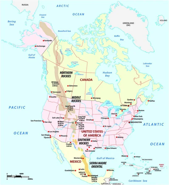 Mappa Schematica Vettoriale Delle Montagne Rocciose Nord America — Vettoriale Stock