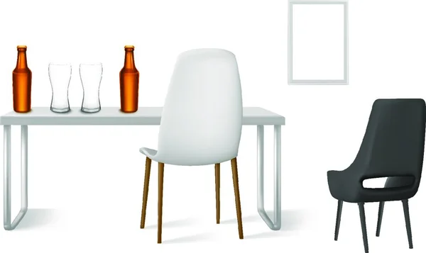 啤酒杯和酒瓶放在旁边有椅子的桌子上 — 图库矢量图片