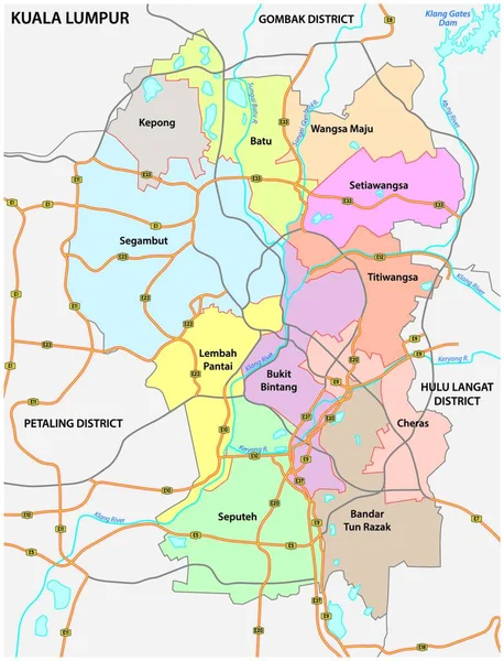 マレーシアの首都クアラルンプールの行政と道路ベクトルマップ — ストックベクタ