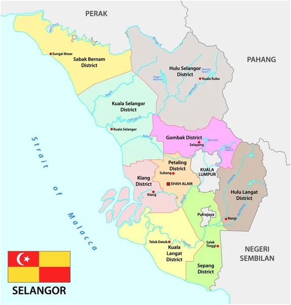 Administrativní Vektorová Mapa Malajského Státu Selangor Vlajkou — Stockový vektor