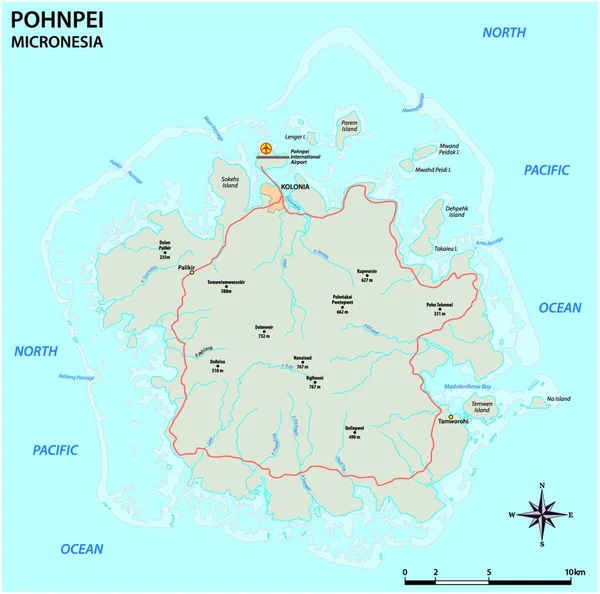 Vector Wegenkaart Van Het Belangrijkste Micronesische Eiland Pohnpei — Stockvector