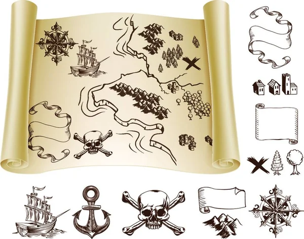 Example Map Design Elements Make Your Own Fantasy Treasure Maps — Stock Vector