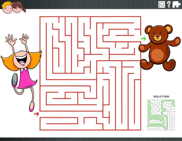 Cartoon Illustration Educational Maze Puzzle Game Children Girl Character Teddy - Stok Vektor