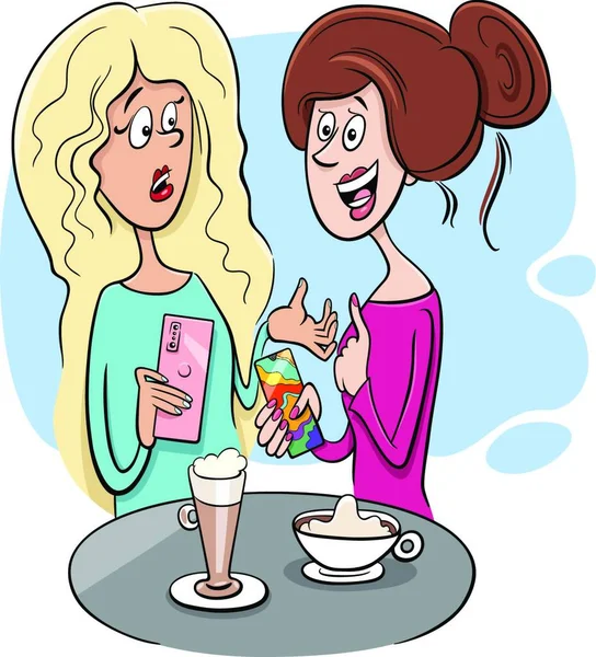 Desenhos Animados Ilustração Duas Mulheres Gossiping Café — Vetor de Stock