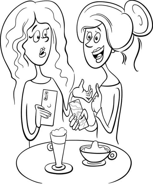 Černobílé Kreslené Ilustrace Dvou Drbů Ženy Kavárně Omalovánky Stránky — Stockový vektor