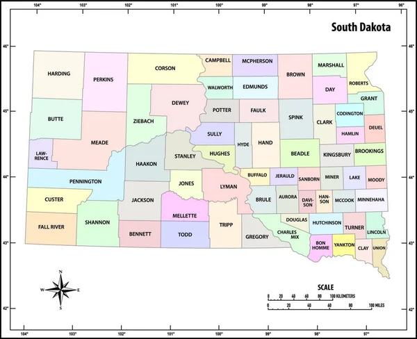 Sul Dakota Estado Delinear Mapa Administrativo Político Cor —  Vetores de Stock