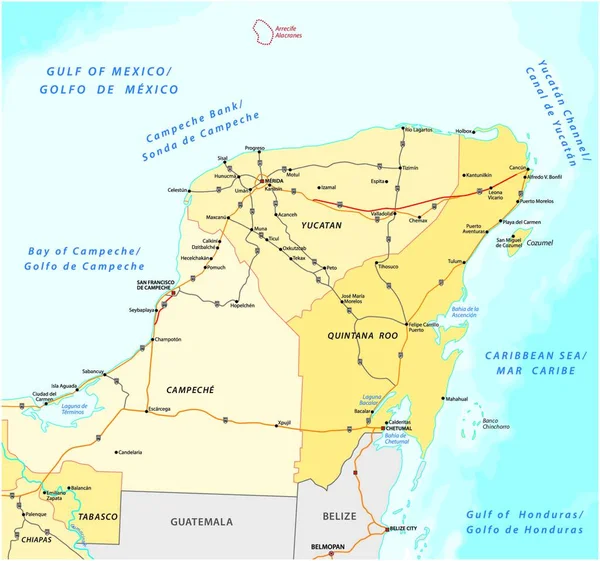 Mapa Rodoviário Vetorial Administrativo Península Yucatán —  Vetores de Stock