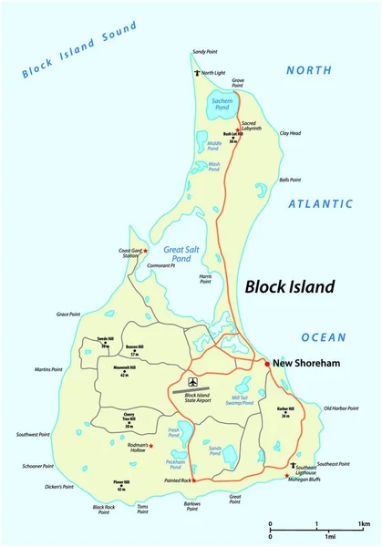 Hoja Ruta Vectorial Block Island Rhode Island Estados Unidos — Archivo Imágenes Vectoriales