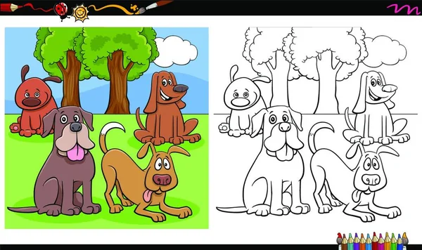 Rajzfilm Illusztráció Kutyák Kölykök Állati Karakterek Csoport Színező Könyv Oldal — Stock Vector