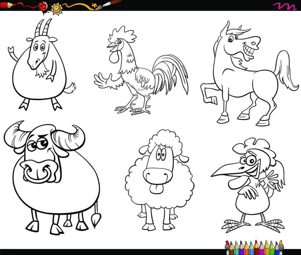 Ilustração Desenhos Animados Preto Branco Personagens Animais Fazenda Engraçados Conjunto — Vetor de Stock