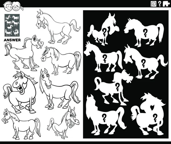 Black White Cartoon Illustration Match Objects Right Shape Silhouette Horses — Stock Vector
