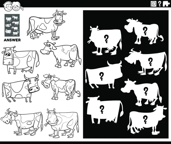 Black White Cartoon Illustration Match Objects Right Shape Silhouette Cows — Διανυσματικό Αρχείο
