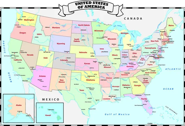 Estados Unidos Coloridos Mapa Vetorial Administrativo Político —  Vetores de Stock