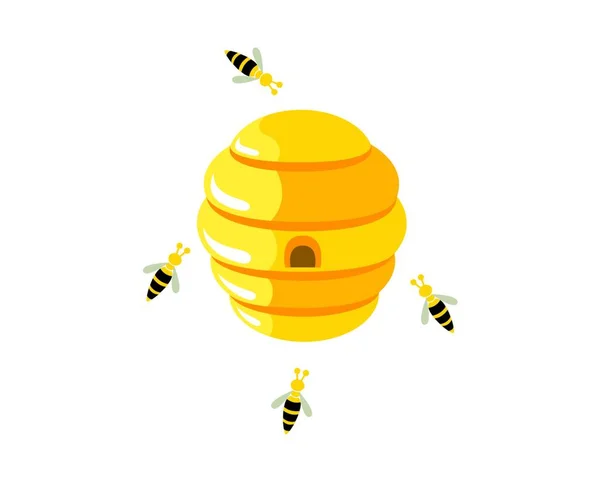 Bijenkorf Met Vliegende Bijen Rond Illustratie — Stockvector