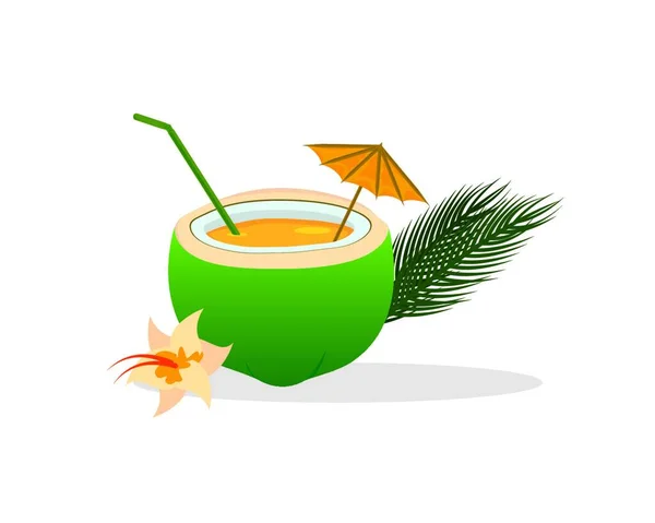 Cocktail Tropical Coco Com Palha Guarda Chuva — Vetor de Stock