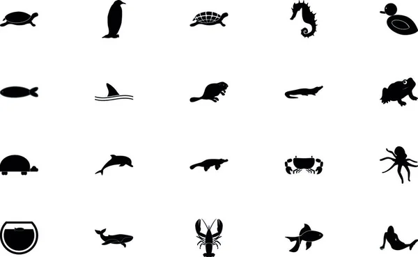 Aquatische Dieren Zwart Kleur Set Solid Style Vector Illustratie — Stockvector