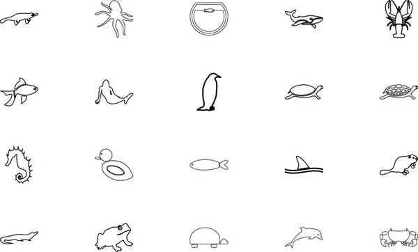 Animales Acuáticos Color Negro Esquema Estilo Vector Ilustración — Archivo Imágenes Vectoriales