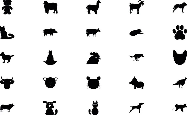 Pets Farm Animals Black Color Set Solid Style Vector Illustration — Stock Vector