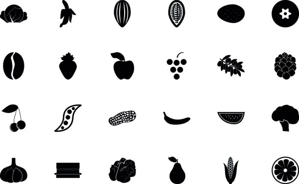Продукты Питания Фрукты Овощи Черный Цвет Набор Твердый Стиль Векторной — стоковый вектор