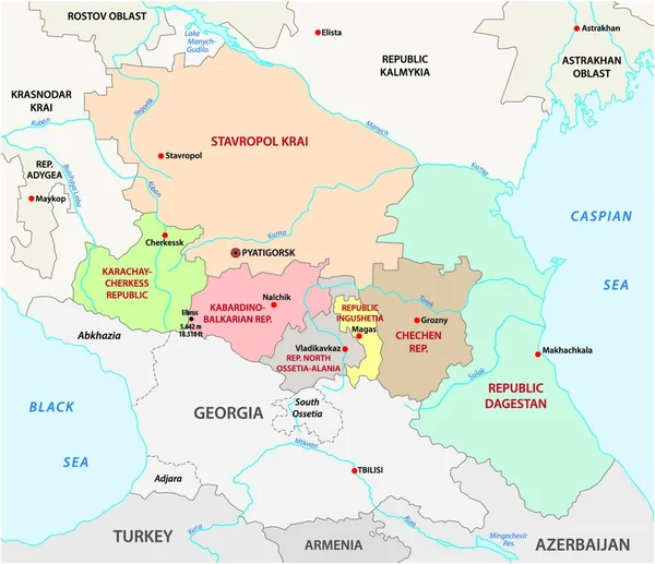 ロシア北コーカサス連邦管区の行政ベクトルマップ — ストックベクタ