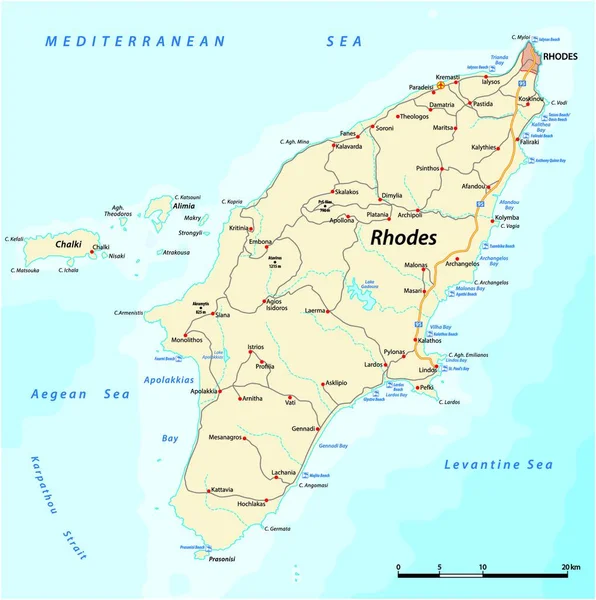 Vektor Färdplan För Den Grekiska Medelhavsön Rhodos — Stock vektor
