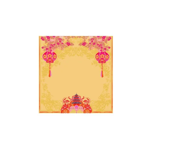 Nouvelle Année Chinoise Carte Avec Cadre Doré Fleurs — Image vectorielle