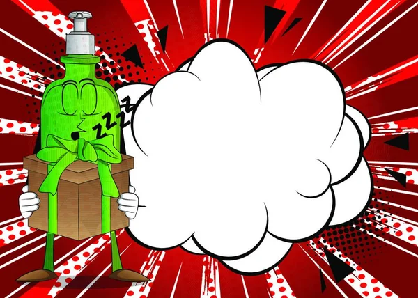 Cartoon Flasche Händedesinfektionsgel Für Hygiene Mit Gesicht Hält Große Geschenkbox — Stockvektor