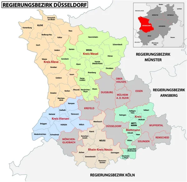 Mapa Vectorial Administrativo Región Düsseldorf Alemania Renania Del Norte Westfalia — Vector de stock