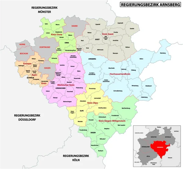 Carte Vectorielle Administrative Région Arnsberg Allemand Rhénanie Nord Westphalie Allemagne — Image vectorielle