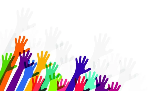 Векторная Иллюстрация Eps Многих Разноцветных Людей Протягивает Руки Вверх Символизируя — стоковый вектор